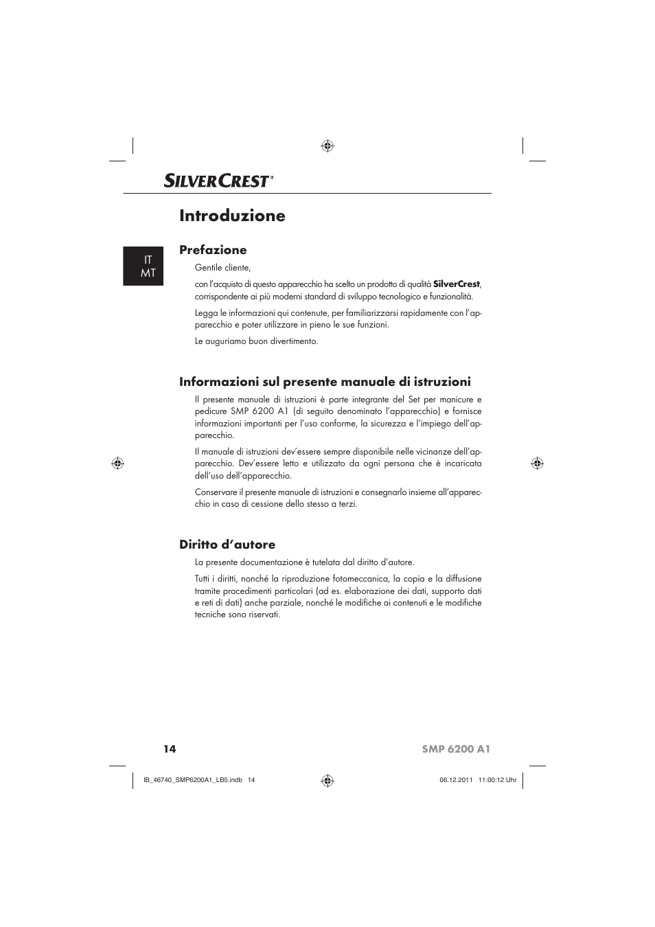 Introduzione, Prefazione, Informazioni sul presente manuale di istruzioni | Diritto d’autore, It mt | Silvercrest SMP 6200 A1 User Manual | Page 16 / 62