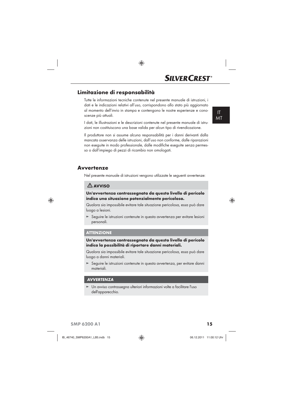 Limitazione di responsabilità, Avvertenze, It mt | Silvercrest SMP 6200 A1 User Manual | Page 17 / 62