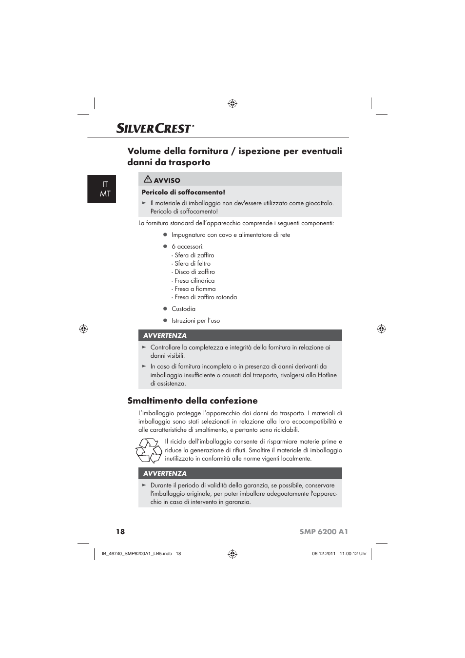 Smaltimento della confezione, It mt | Silvercrest SMP 6200 A1 User Manual | Page 20 / 62