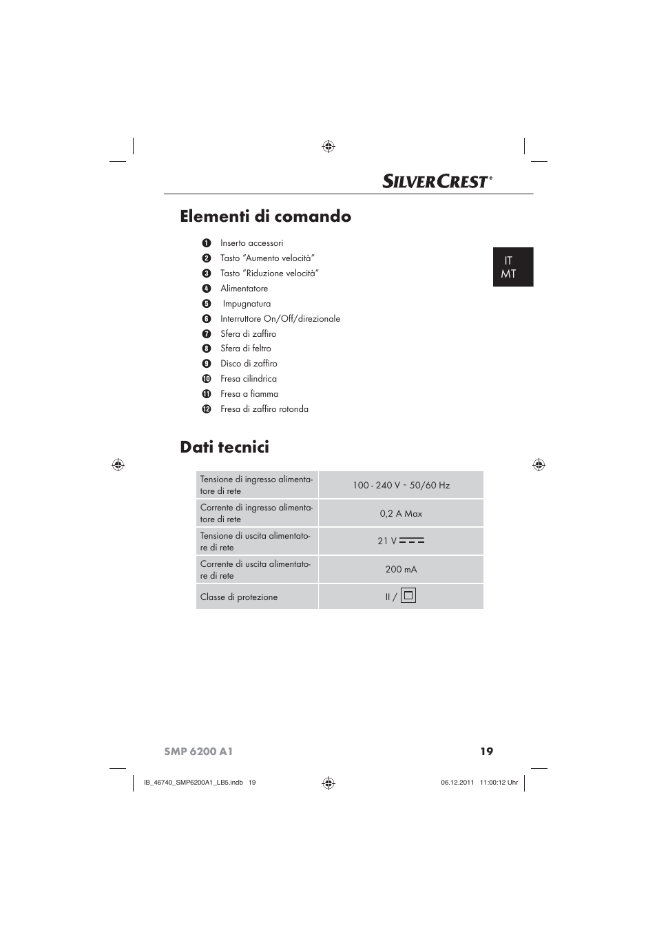 Elementi di comando, Dati tecnici, It mt | Silvercrest SMP 6200 A1 User Manual | Page 21 / 62