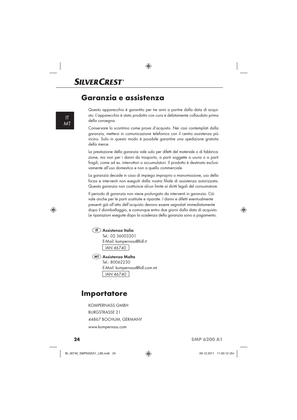 Garanzia e assistenza, Importatore, It mt | Silvercrest SMP 6200 A1 User Manual | Page 26 / 62