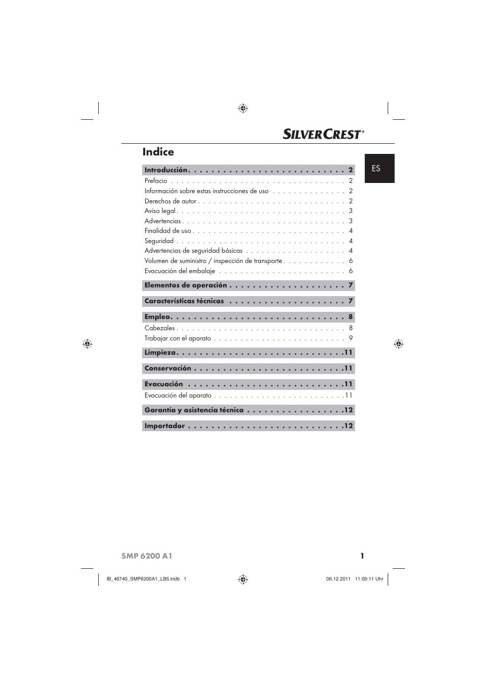 Indice | Silvercrest SMP 6200 A1 User Manual | Page 3 / 62