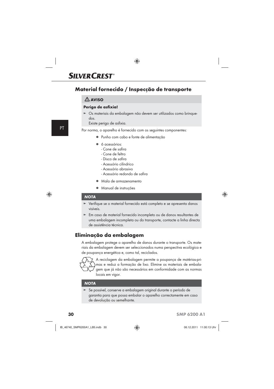 Material fornecido / inspecção de transporte, Eliminação da embalagem | Silvercrest SMP 6200 A1 User Manual | Page 32 / 62