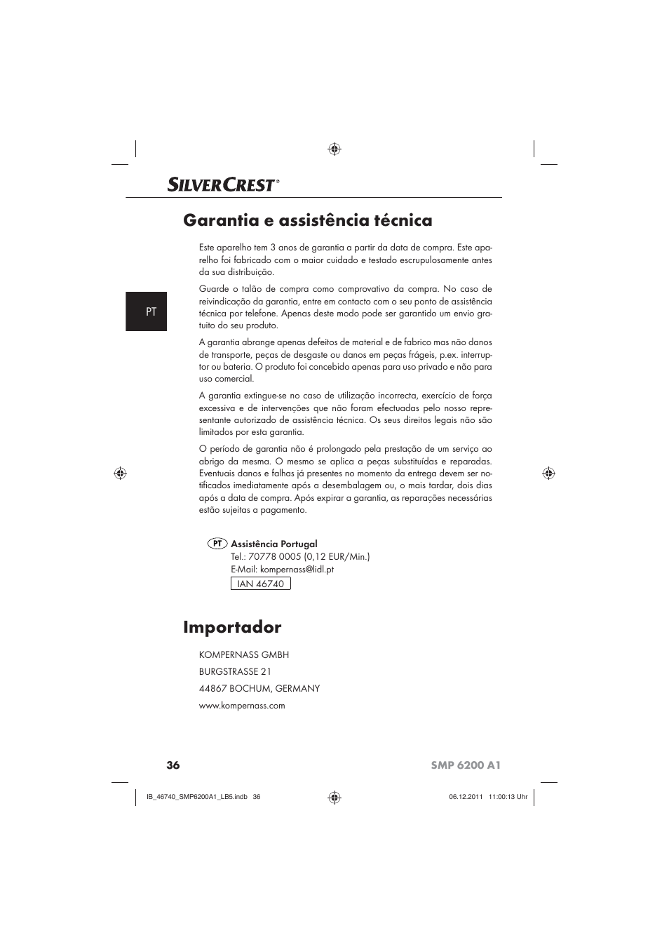 Garantia e assistência técnica, Importador | Silvercrest SMP 6200 A1 User Manual | Page 38 / 62