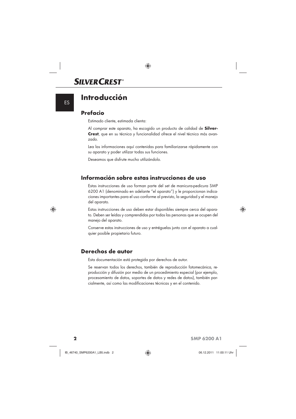 Introducción, Prefacio, Información sobre estas instrucciones de uso | Derechos de autor | Silvercrest SMP 6200 A1 User Manual | Page 4 / 62