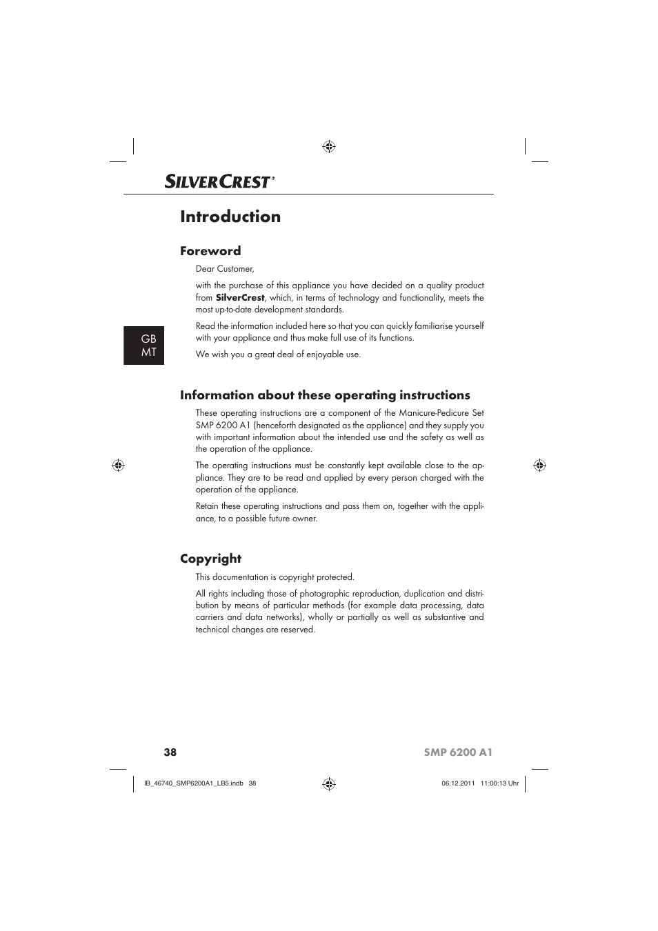 Introduction, Foreword, Information about these operating instructions | Copyright, Gb mt | Silvercrest SMP 6200 A1 User Manual | Page 40 / 62
