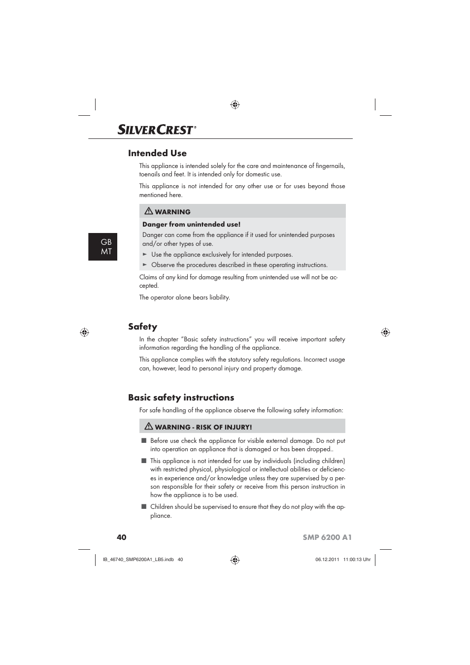 Intended use, Safety, Basic safety instructions | Gb mt | Silvercrest SMP 6200 A1 User Manual | Page 42 / 62