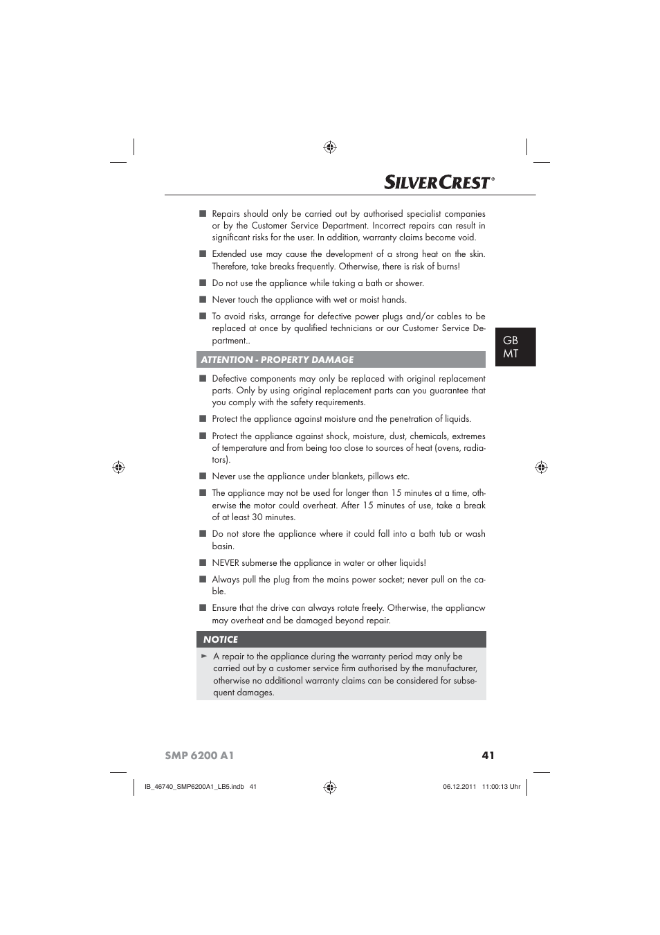 Gb mt | Silvercrest SMP 6200 A1 User Manual | Page 43 / 62