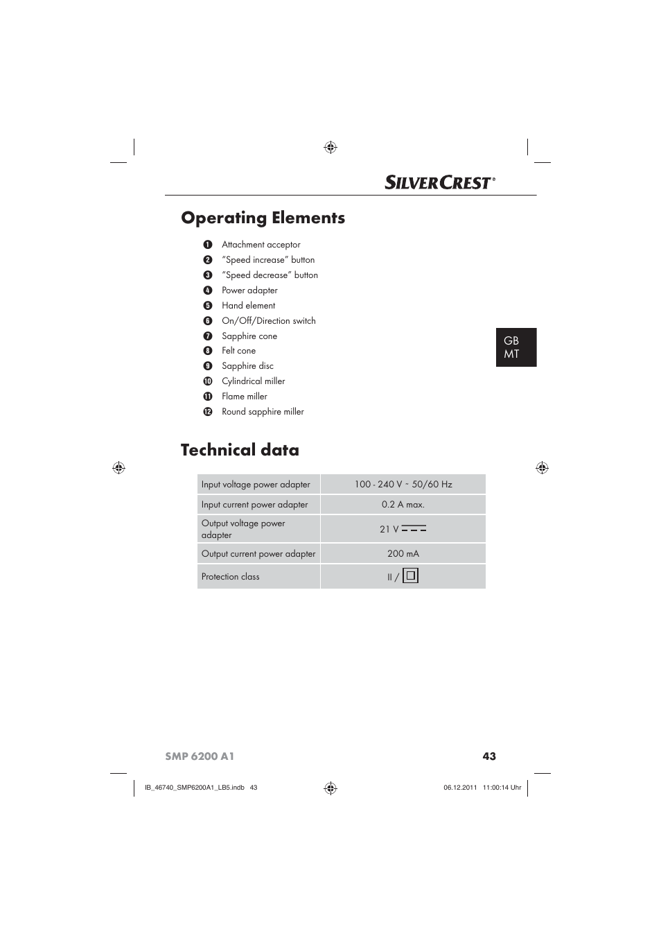 Operating elements, Technical data, Gb mt | Silvercrest SMP 6200 A1 User Manual | Page 45 / 62