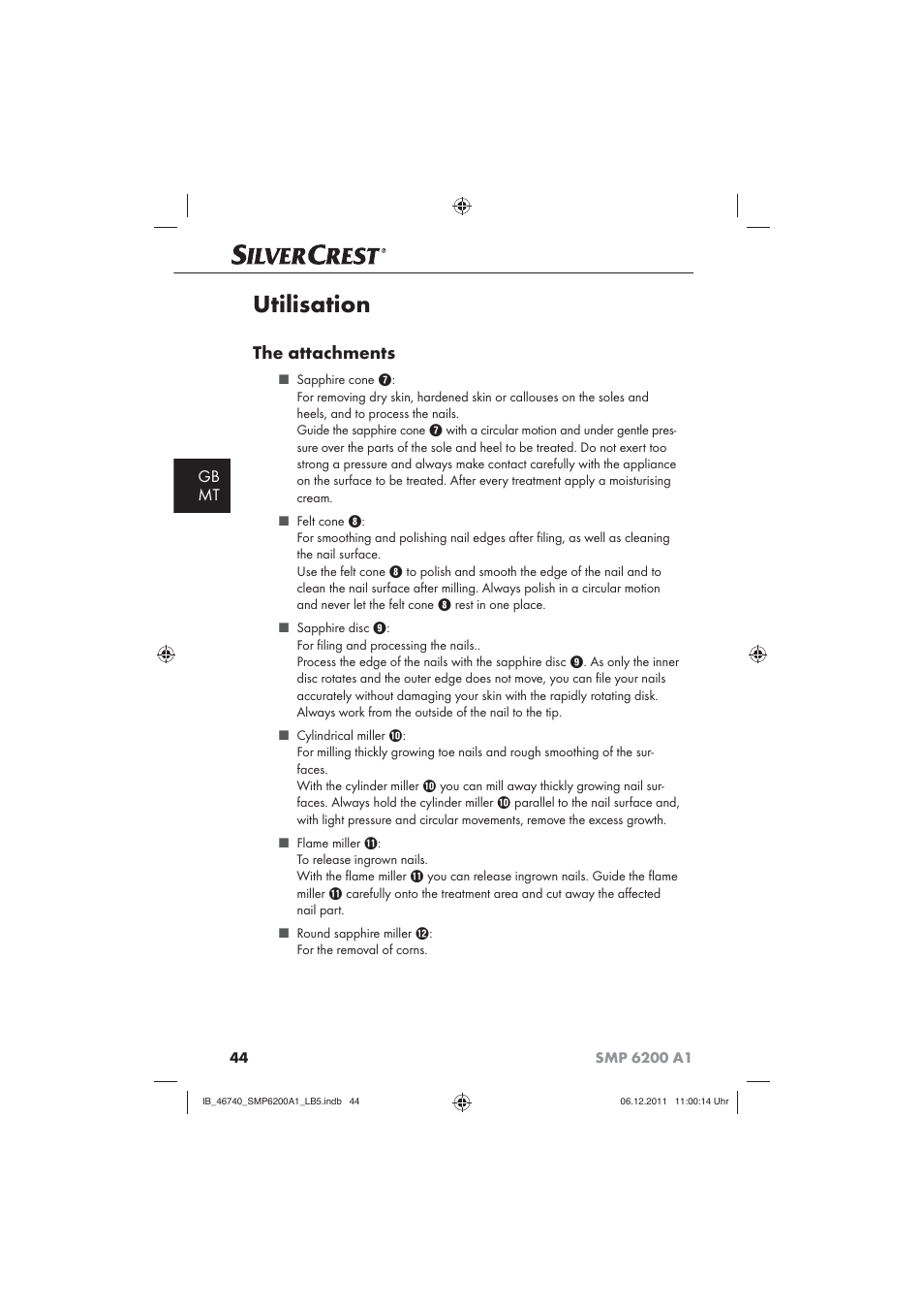 Utilisation, The attachments, Gb mt | Silvercrest SMP 6200 A1 User Manual | Page 46 / 62