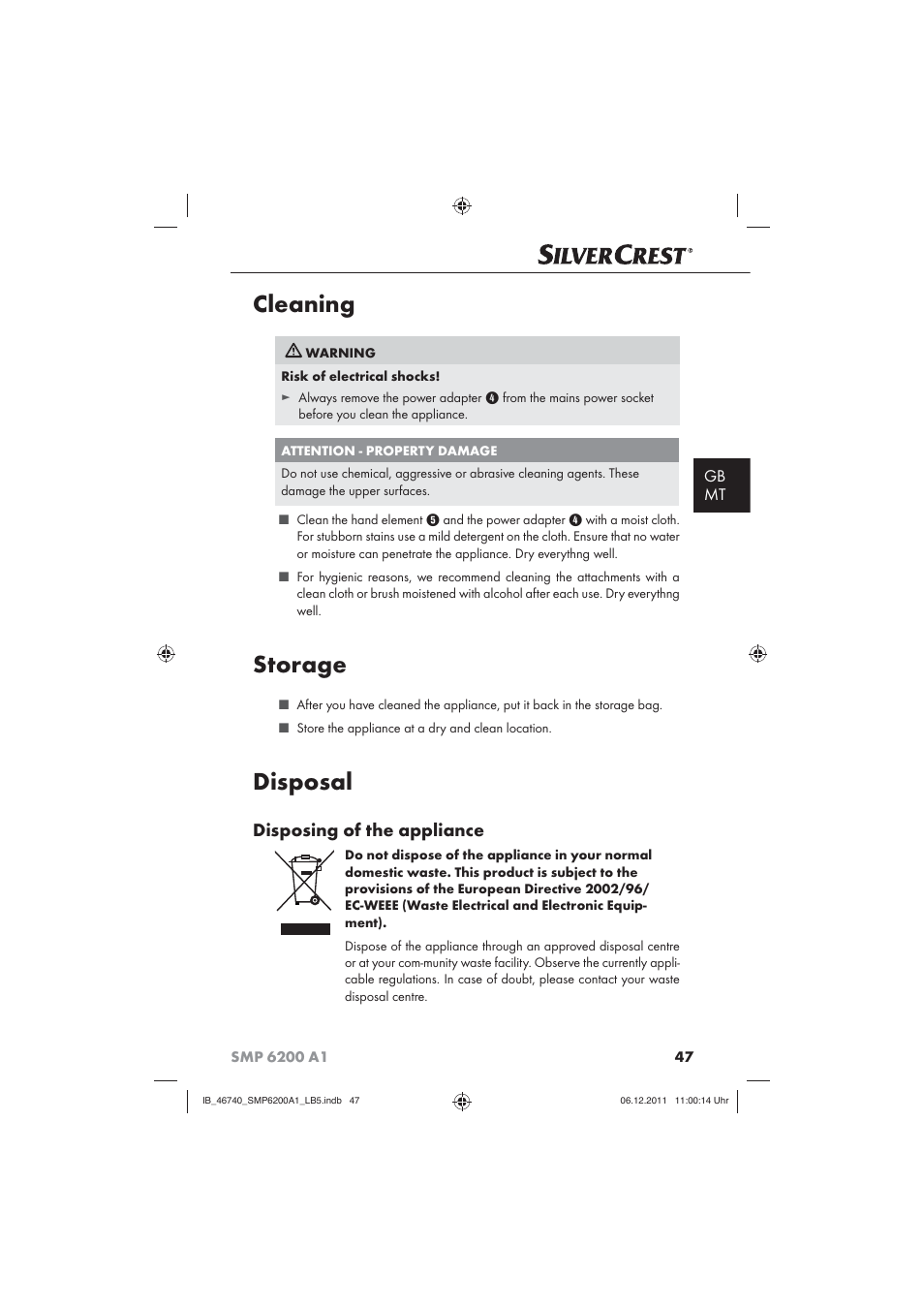 Cleaning, Storage, Disposal | Disposing of the appliance, Gb mt | Silvercrest SMP 6200 A1 User Manual | Page 49 / 62