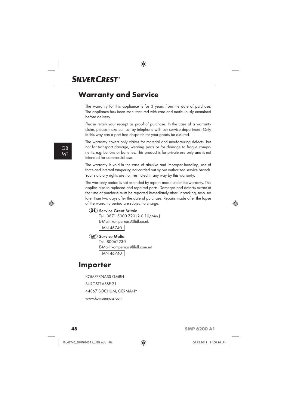 Warranty and service, Importer, Gb mt | Silvercrest SMP 6200 A1 User Manual | Page 50 / 62