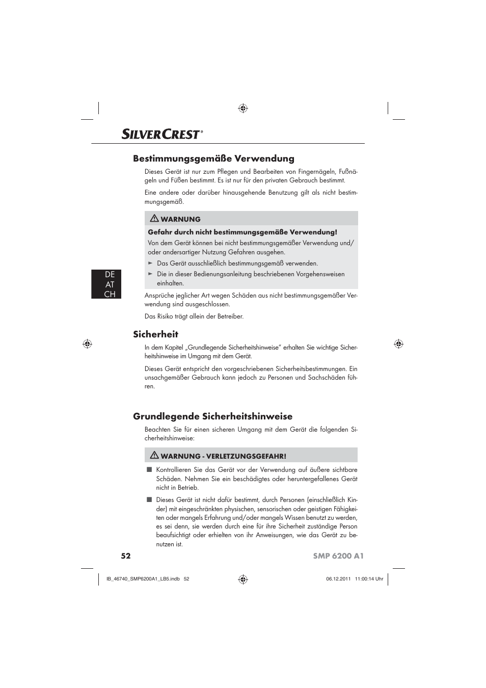 Bestimmungsgemäße verwendung, Sicherheit, Grundlegende sicherheitshinweise | De at ch | Silvercrest SMP 6200 A1 User Manual | Page 54 / 62