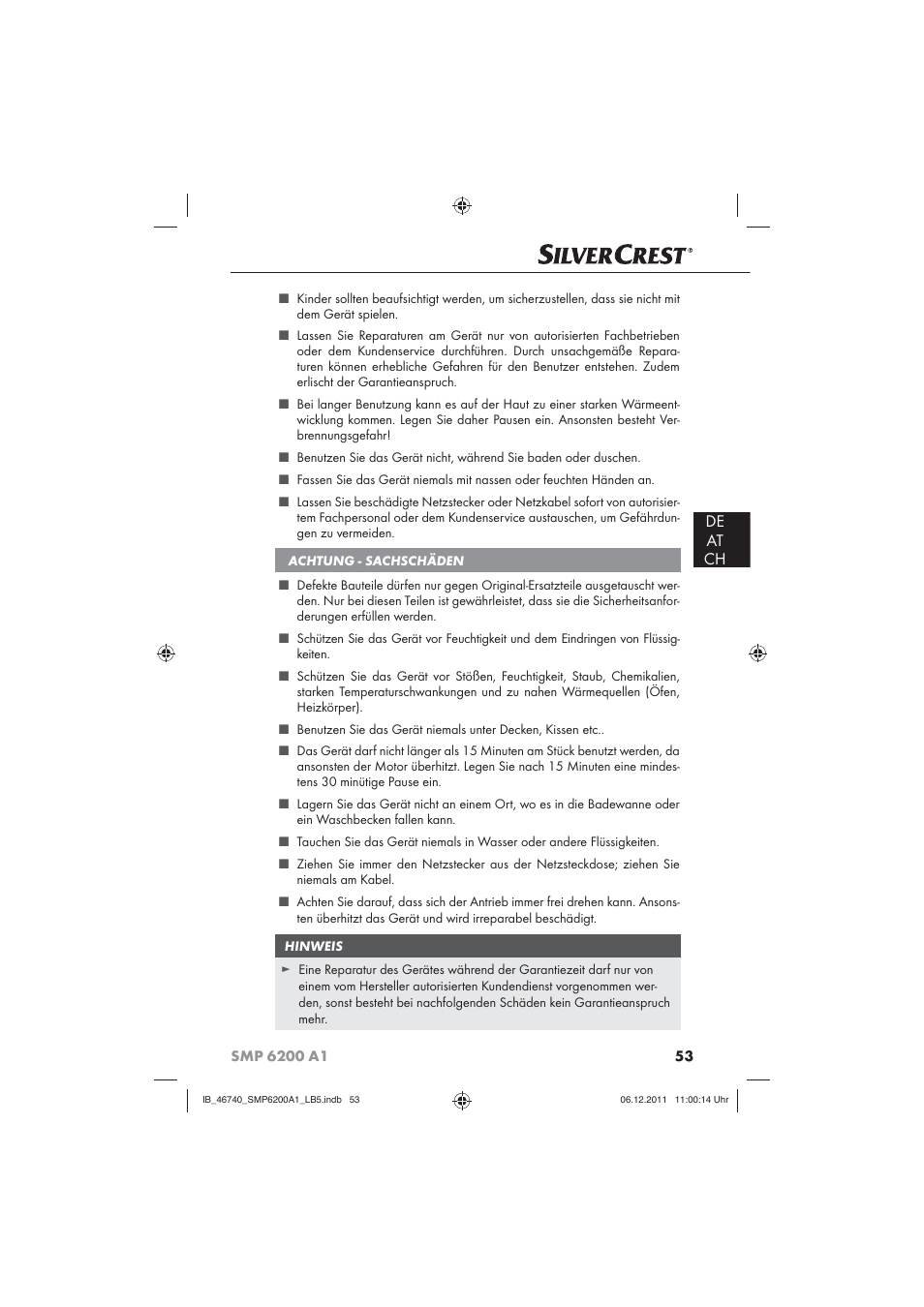 De at ch | Silvercrest SMP 6200 A1 User Manual | Page 55 / 62