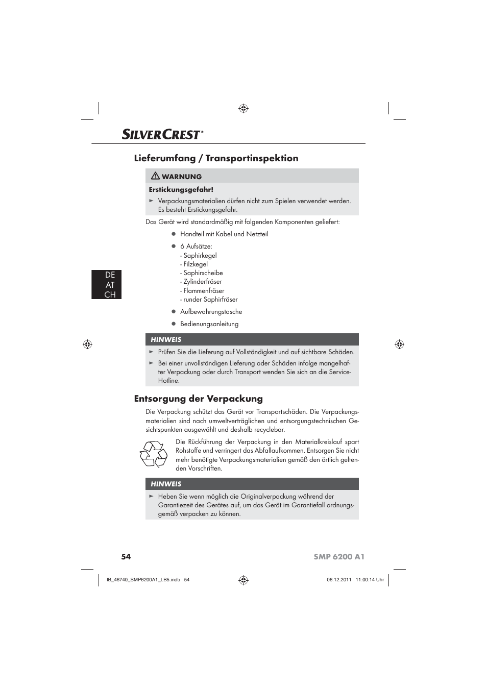 Lieferumfang / transportinspektion, Entsorgung der verpackung, De at ch | Silvercrest SMP 6200 A1 User Manual | Page 56 / 62