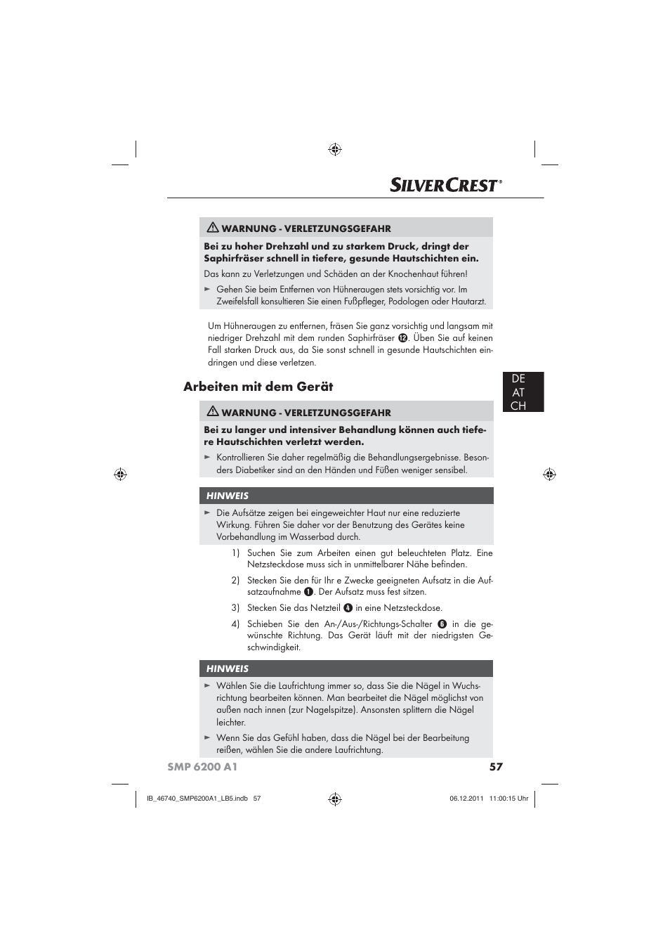 Arbeiten mit dem gerät, De at ch | Silvercrest SMP 6200 A1 User Manual | Page 59 / 62