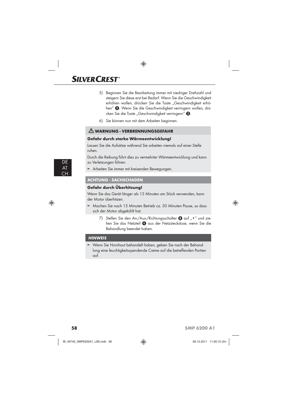 De at ch | Silvercrest SMP 6200 A1 User Manual | Page 60 / 62