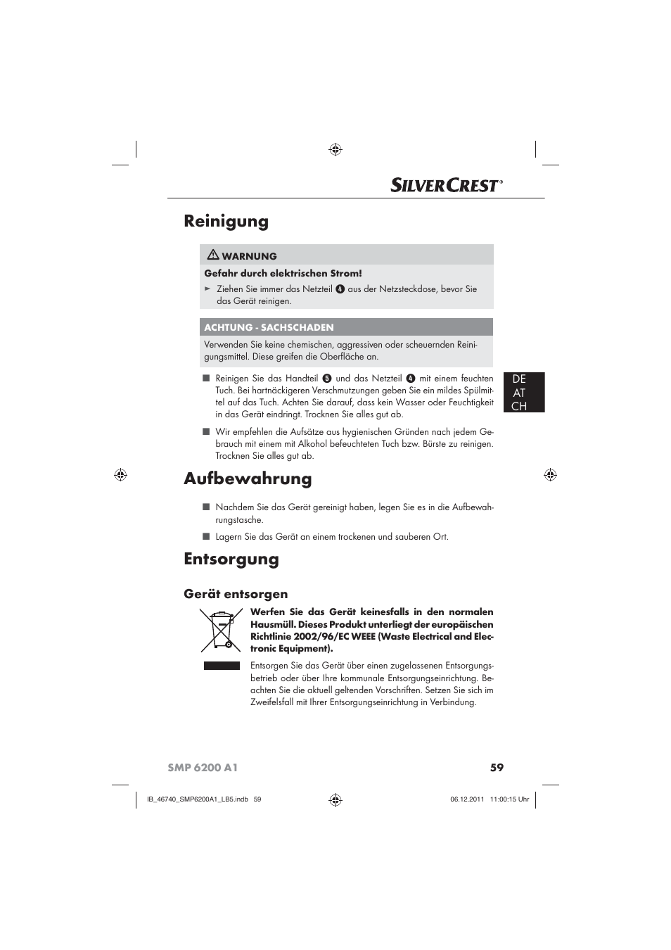 Reinigung, Aufbewahrung, Entsorgung | Gerät entsorgen, De at ch | Silvercrest SMP 6200 A1 User Manual | Page 61 / 62