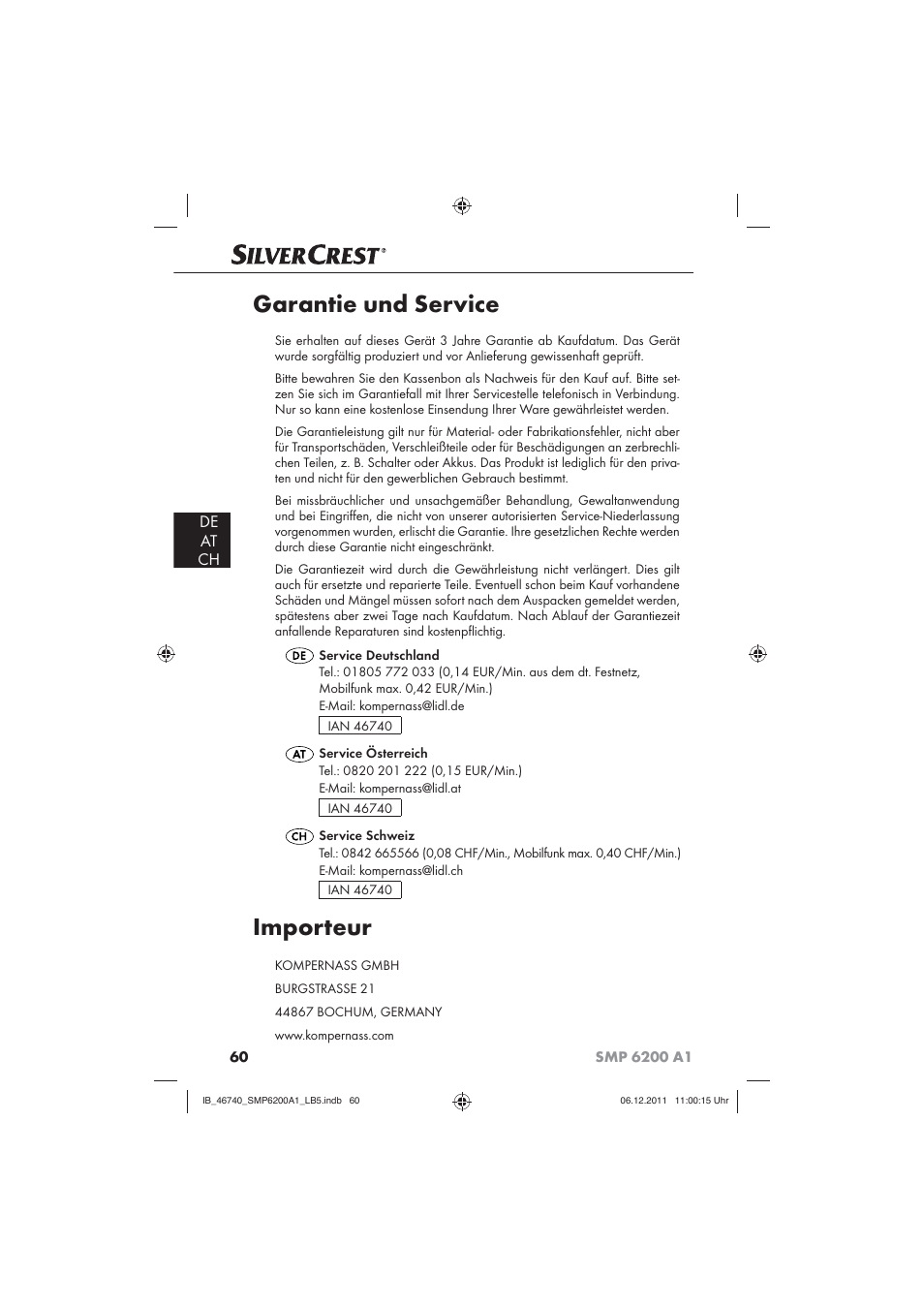 Garantie und service, Importeur, De at ch | Silvercrest SMP 6200 A1 User Manual | Page 62 / 62