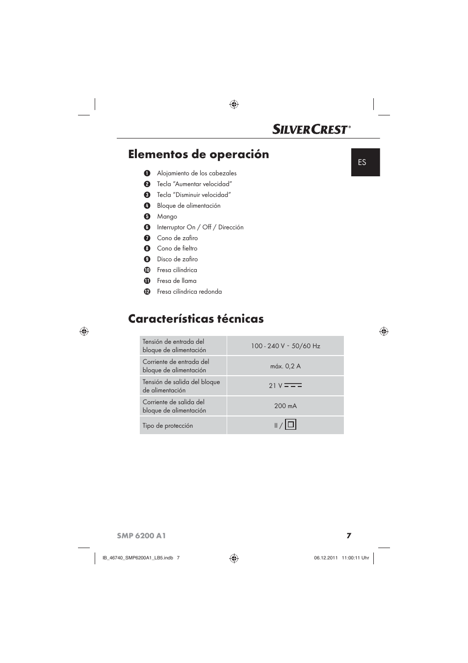 Elementos de operación, Características técnicas | Silvercrest SMP 6200 A1 User Manual | Page 9 / 62