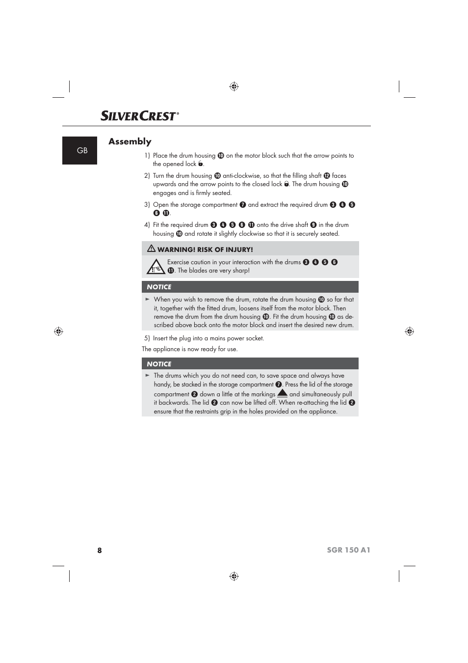 Assembly | Silvercrest SGR 150 A1 User Manual | Page 10 / 101