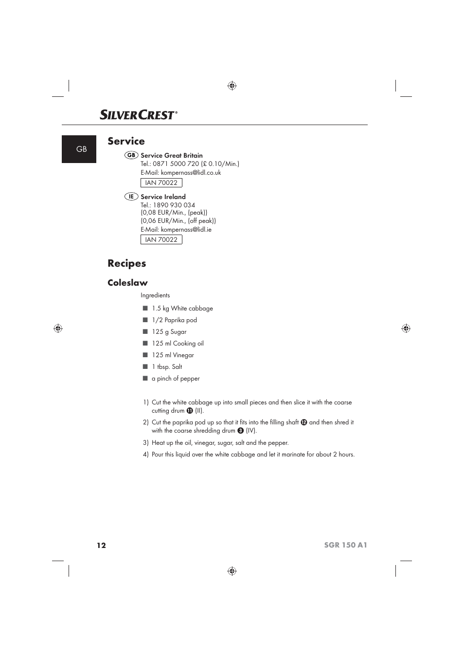 Service, Recipes, Coleslaw | Silvercrest SGR 150 A1 User Manual | Page 14 / 101