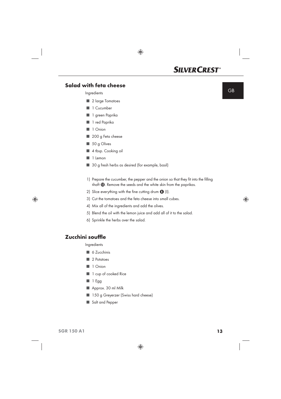 Salad with feta cheese, Zucchini souﬄ e | Silvercrest SGR 150 A1 User Manual | Page 15 / 101