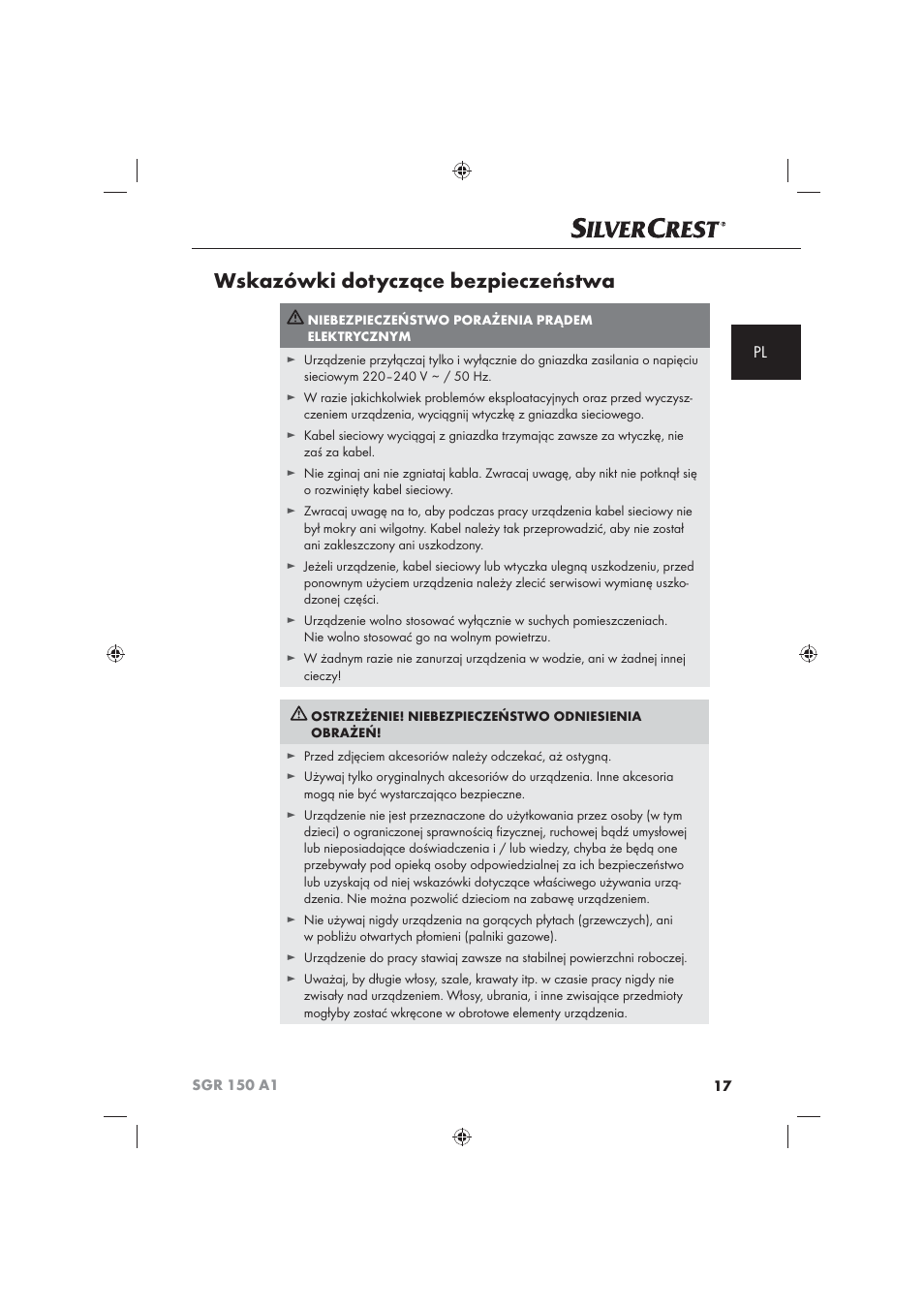Wskazówki dotyczące bezpieczeństwa | Silvercrest SGR 150 A1 User Manual | Page 19 / 101