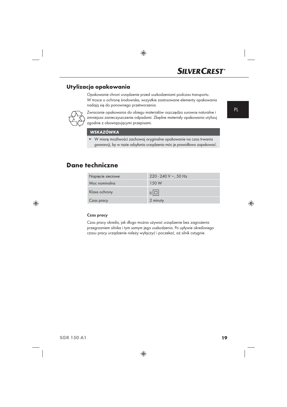Dane techniczne, Utylizacja opakowania | Silvercrest SGR 150 A1 User Manual | Page 21 / 101