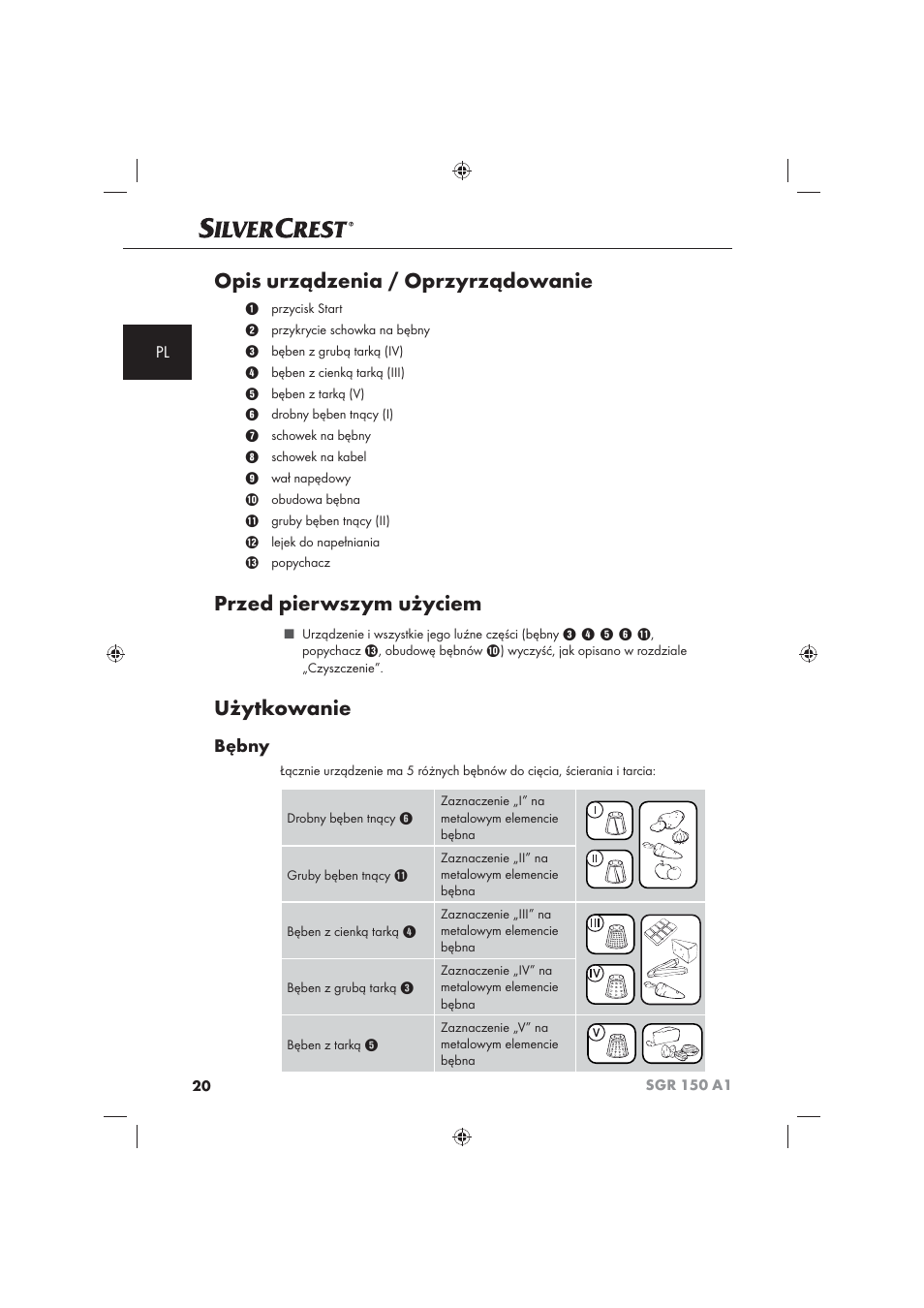 Opis urządzenia / oprzyrządowanie, Przed pierwszym użyciem, Użytkowanie | Bębny | Silvercrest SGR 150 A1 User Manual | Page 22 / 101