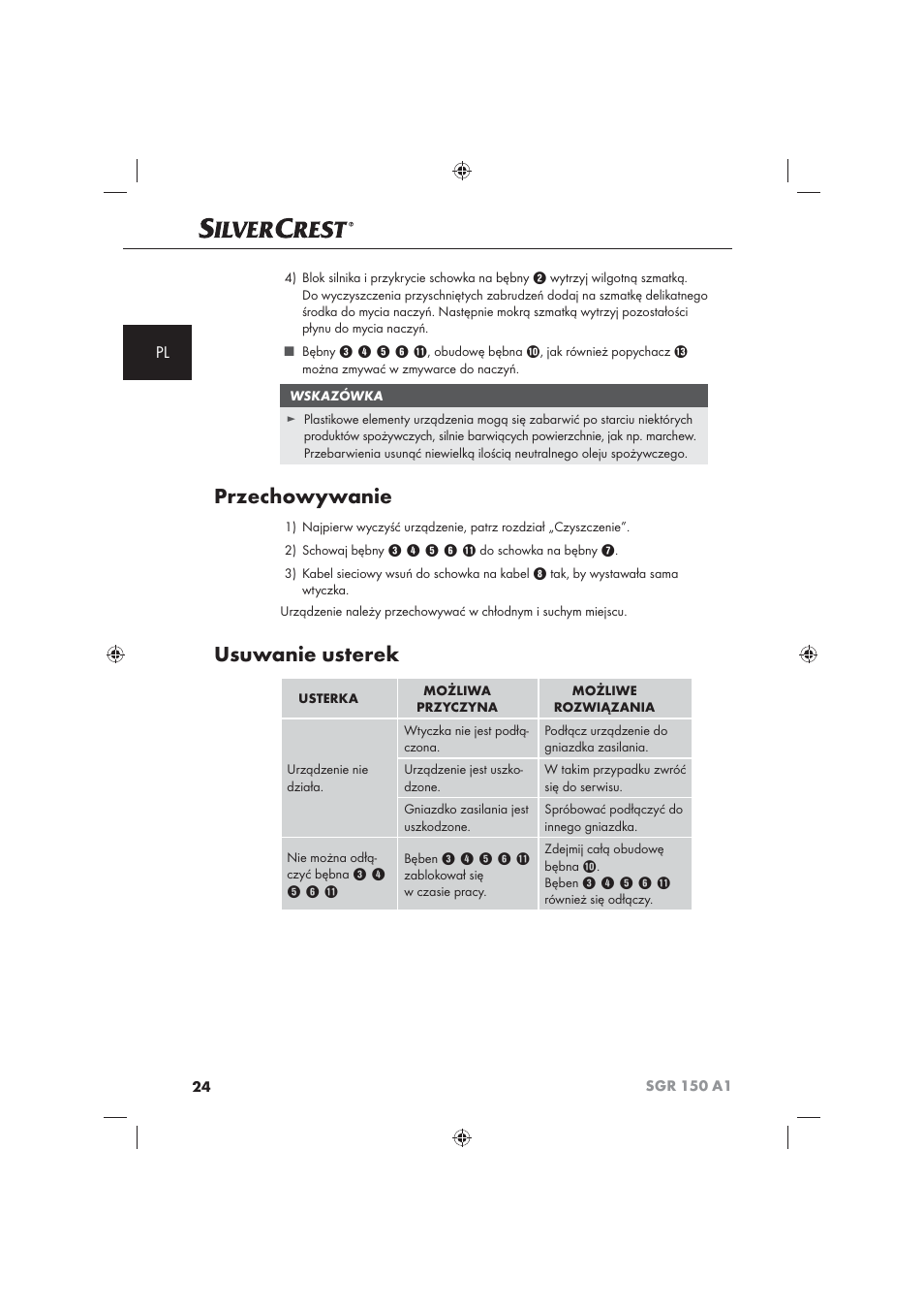 Przechowywanie, Usuwanie usterek | Silvercrest SGR 150 A1 User Manual | Page 26 / 101