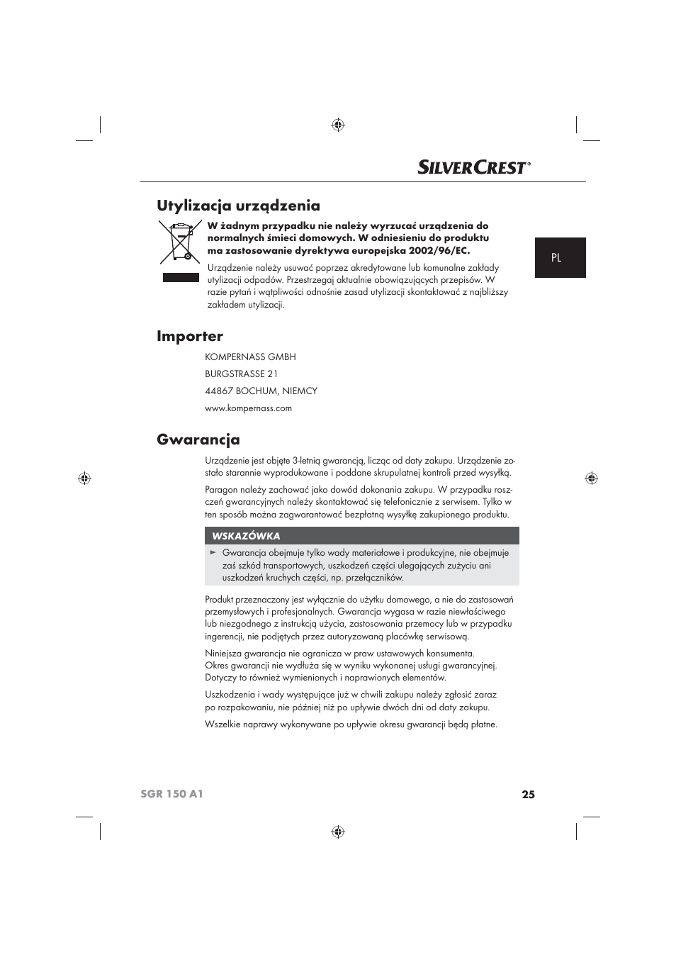 Utylizacja urządzenia, Importer, Gwarancja | Silvercrest SGR 150 A1 User Manual | Page 27 / 101