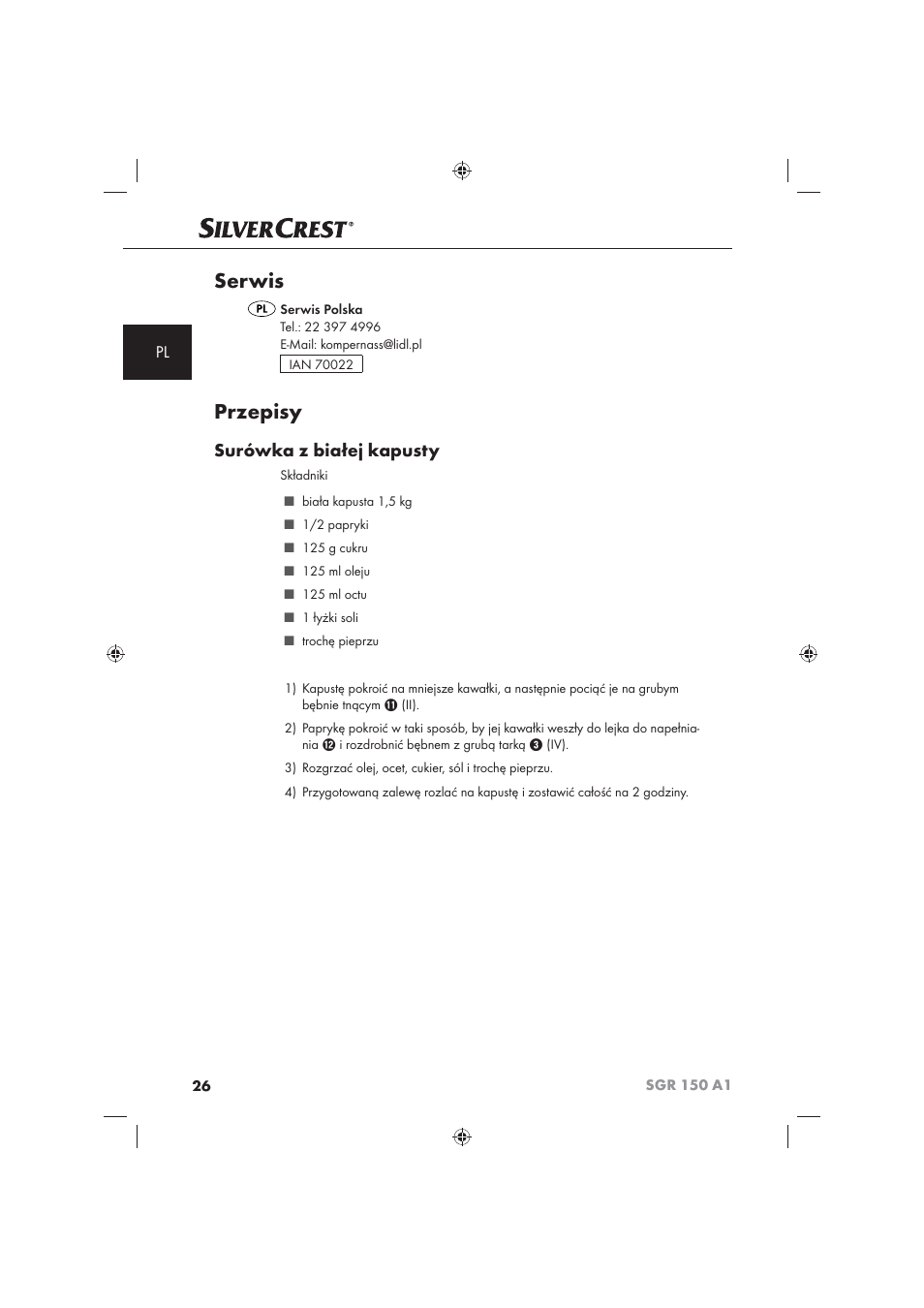 Serwis, Przepisy, Surówka z białej kapusty | Silvercrest SGR 150 A1 User Manual | Page 28 / 101