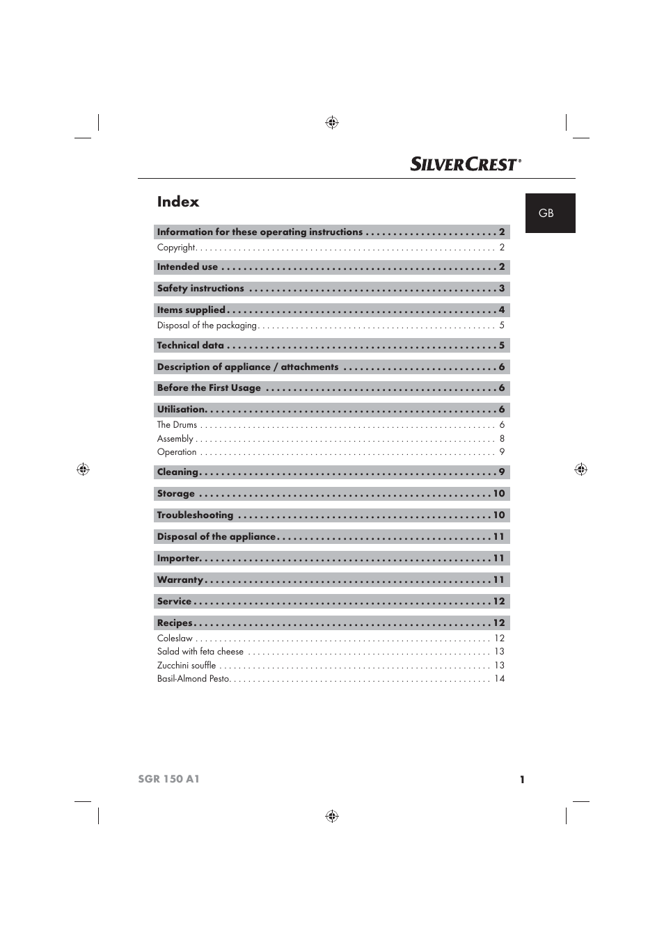 Index | Silvercrest SGR 150 A1 User Manual | Page 3 / 101