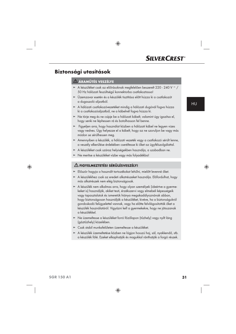 Biztonsági utasítások | Silvercrest SGR 150 A1 User Manual | Page 33 / 101