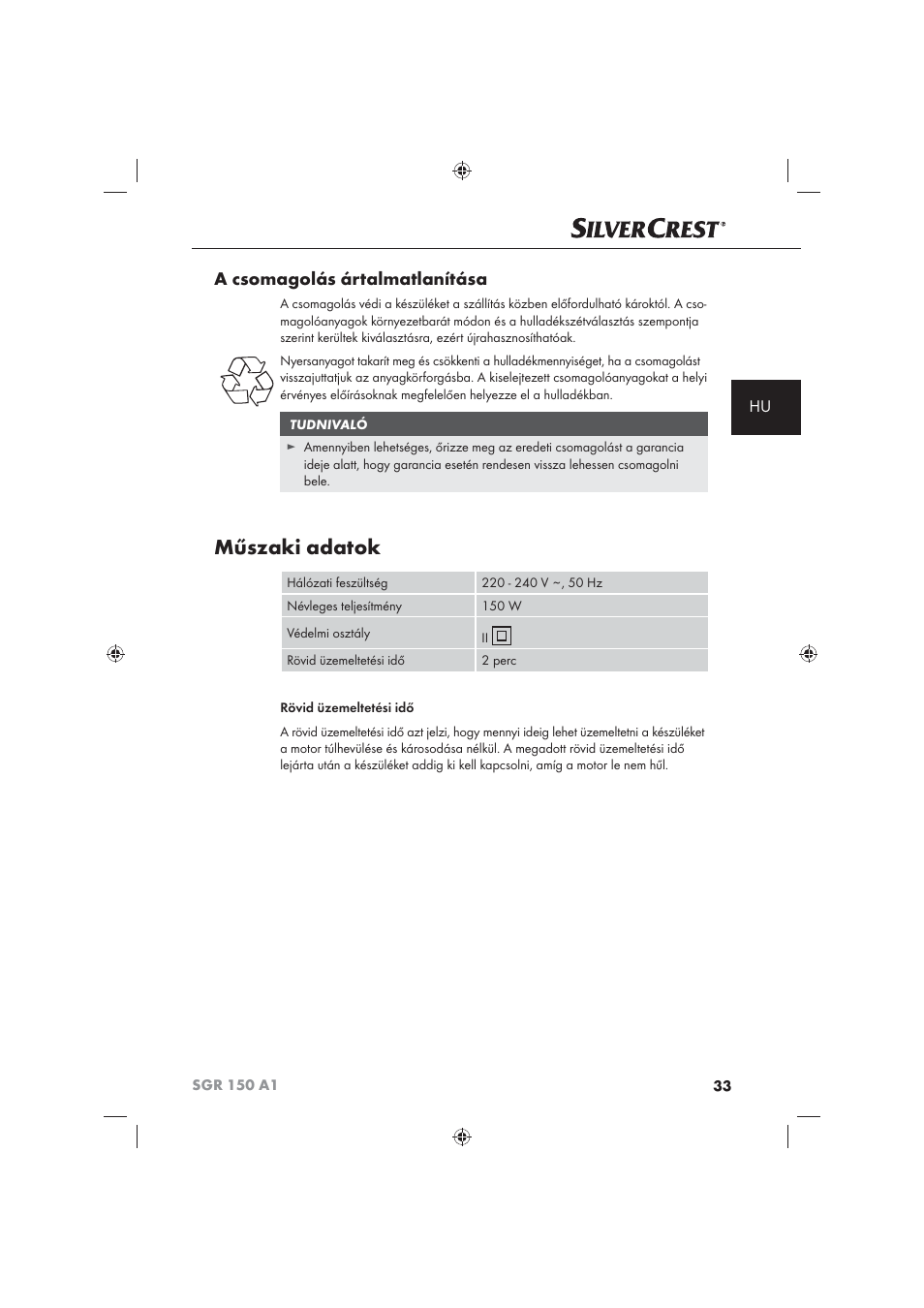 Műszaki adatok, A csomagolás ártalmatlanítása | Silvercrest SGR 150 A1 User Manual | Page 35 / 101