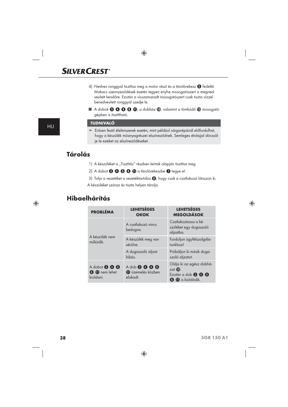 Tárolás, Hibaelhárítás | Silvercrest SGR 150 A1 User Manual | Page 40 / 101