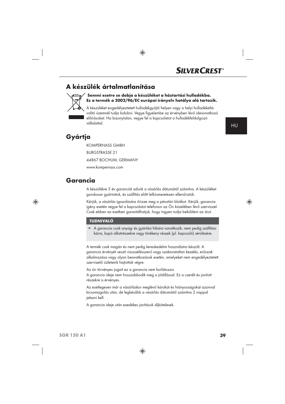 A készülék ártalmatlanítása, Gyártja, Garancia | Silvercrest SGR 150 A1 User Manual | Page 41 / 101