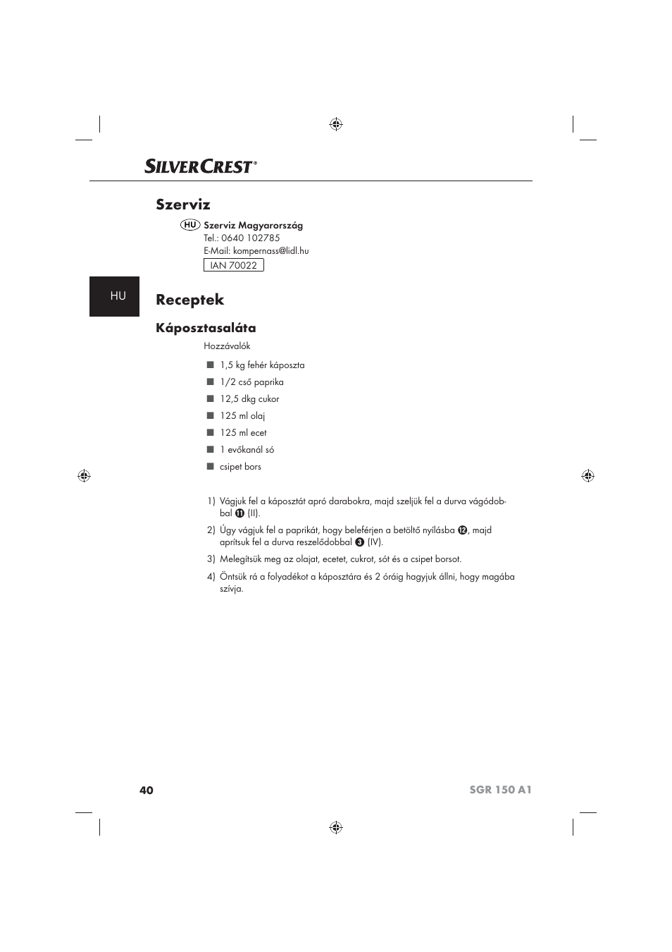 Szerviz, Receptek, Káposztasaláta | Silvercrest SGR 150 A1 User Manual | Page 42 / 101