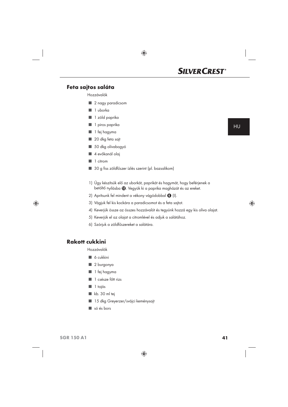 Feta sajtos saláta, Rakott cukkini | Silvercrest SGR 150 A1 User Manual | Page 43 / 101