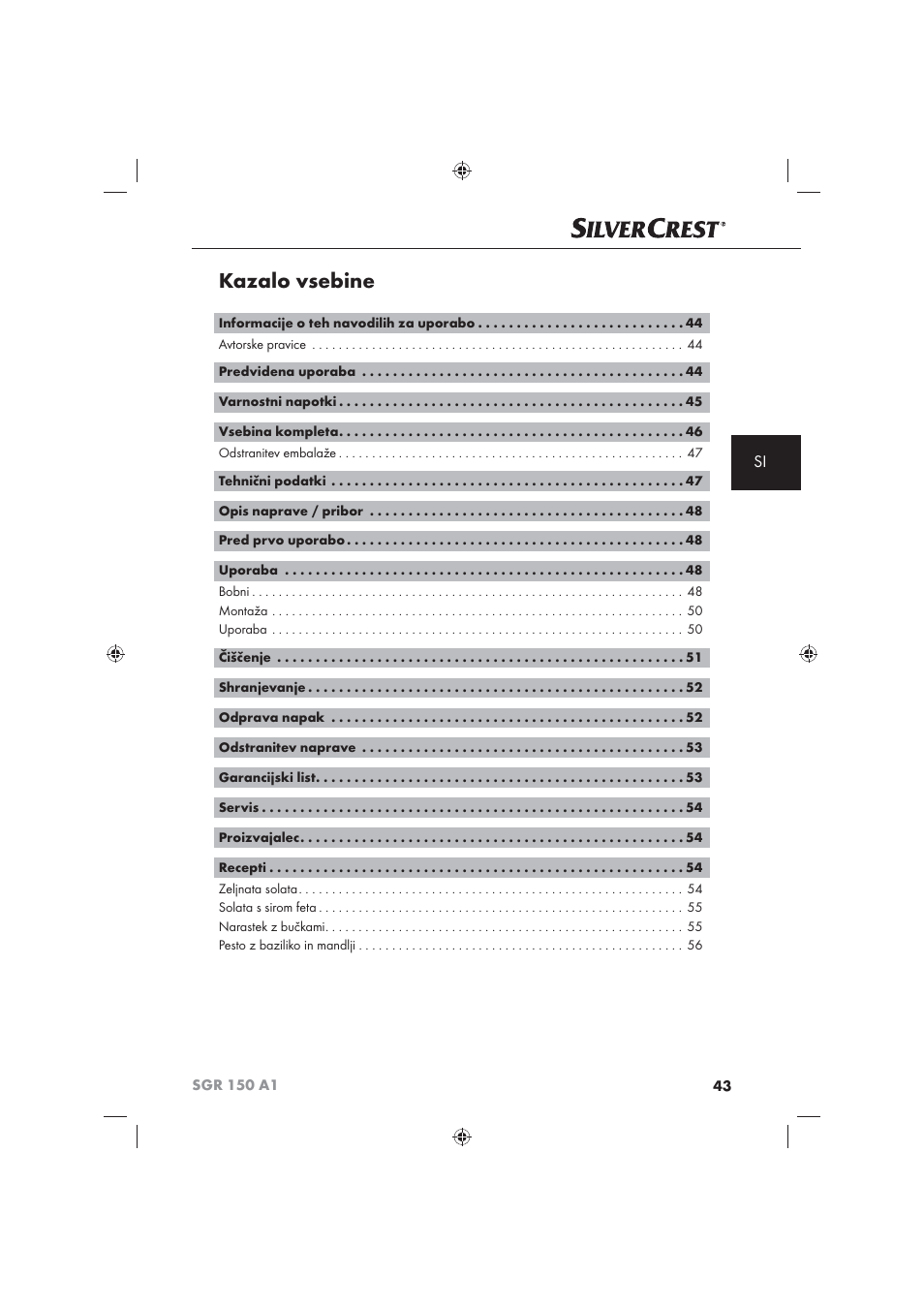 Kazalo vsebine | Silvercrest SGR 150 A1 User Manual | Page 45 / 101