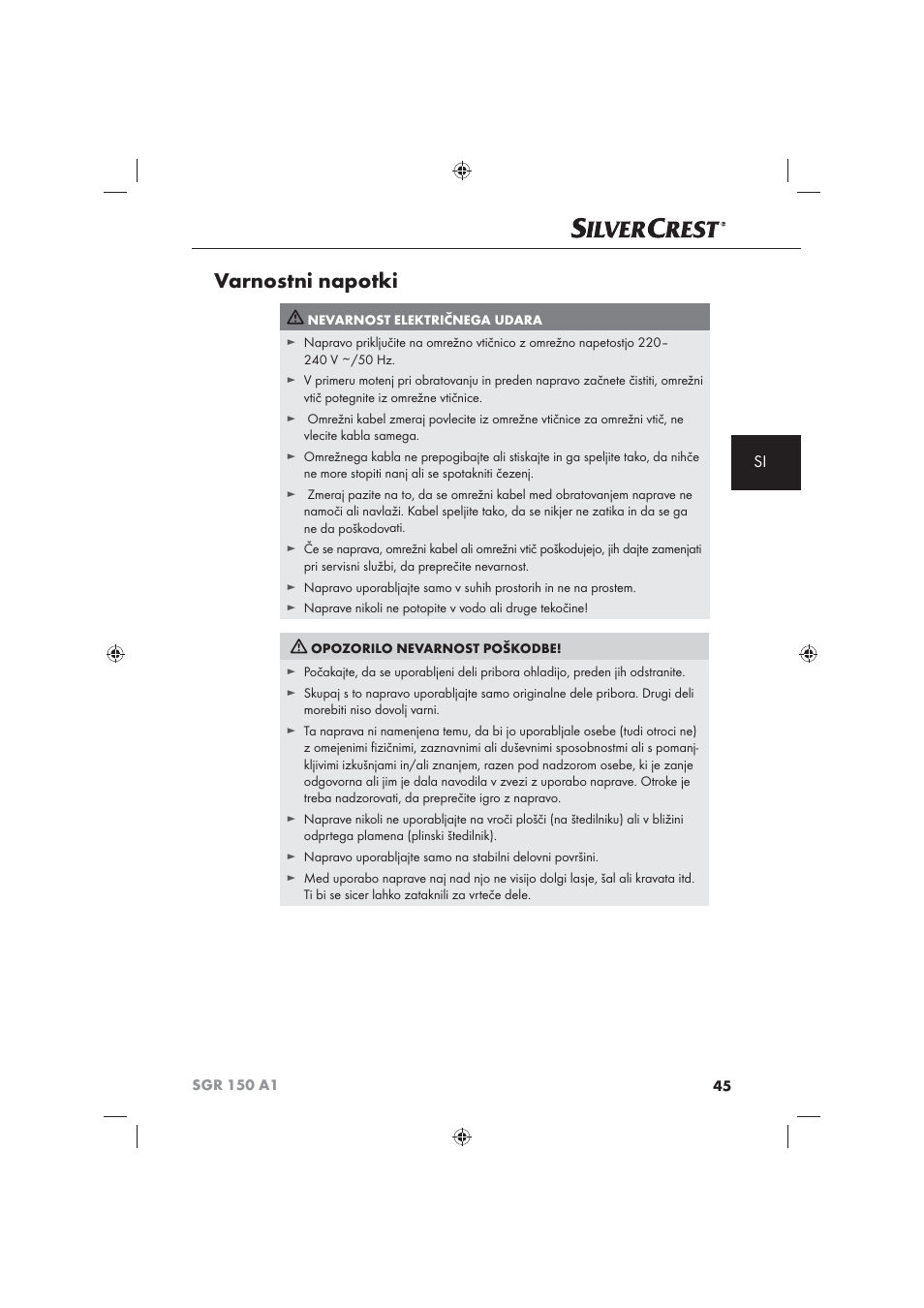 Varnostni napotki | Silvercrest SGR 150 A1 User Manual | Page 47 / 101