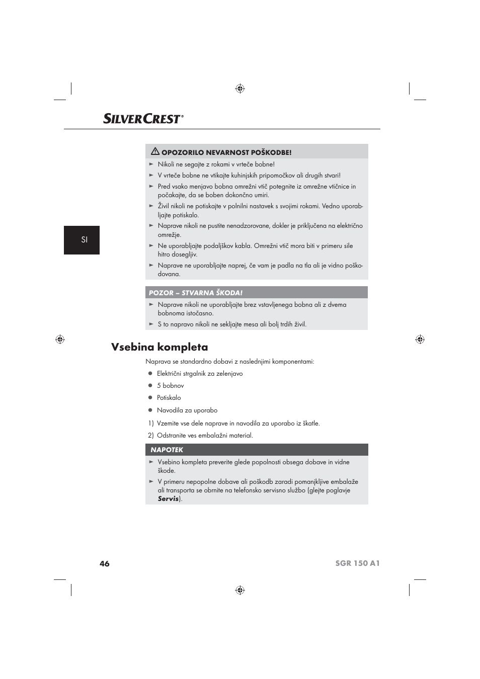 Vsebina kompleta | Silvercrest SGR 150 A1 User Manual | Page 48 / 101