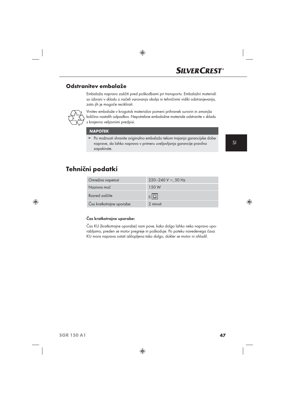 Tehnični podatki, Odstranitev embalaže | Silvercrest SGR 150 A1 User Manual | Page 49 / 101