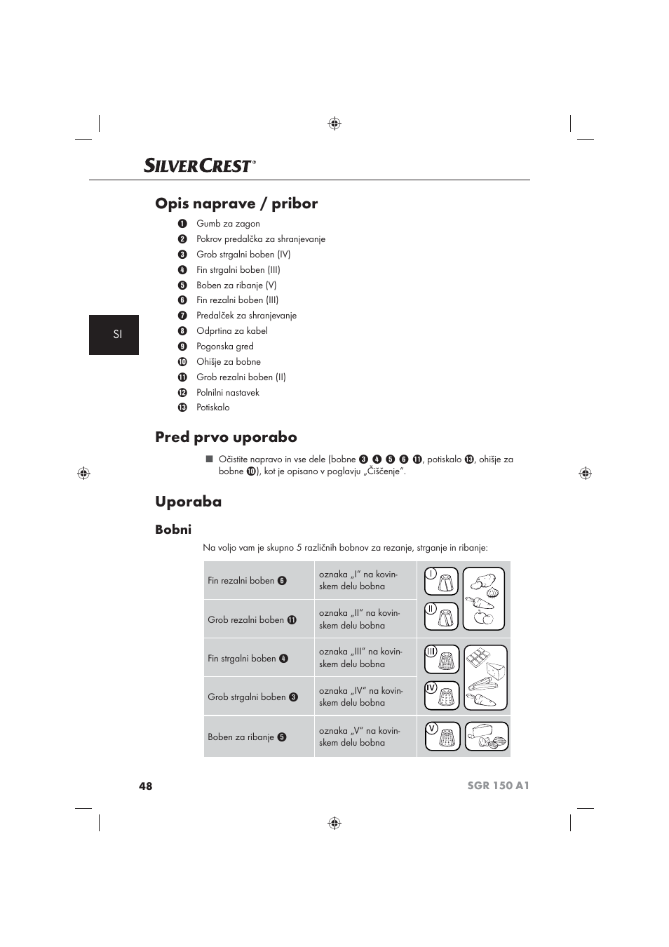 Opis naprave / pribor, Pred prvo uporabo, Uporaba | Bobni | Silvercrest SGR 150 A1 User Manual | Page 50 / 101