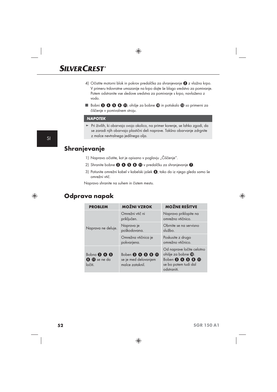 Shranjevanje, Odprava napak | Silvercrest SGR 150 A1 User Manual | Page 54 / 101