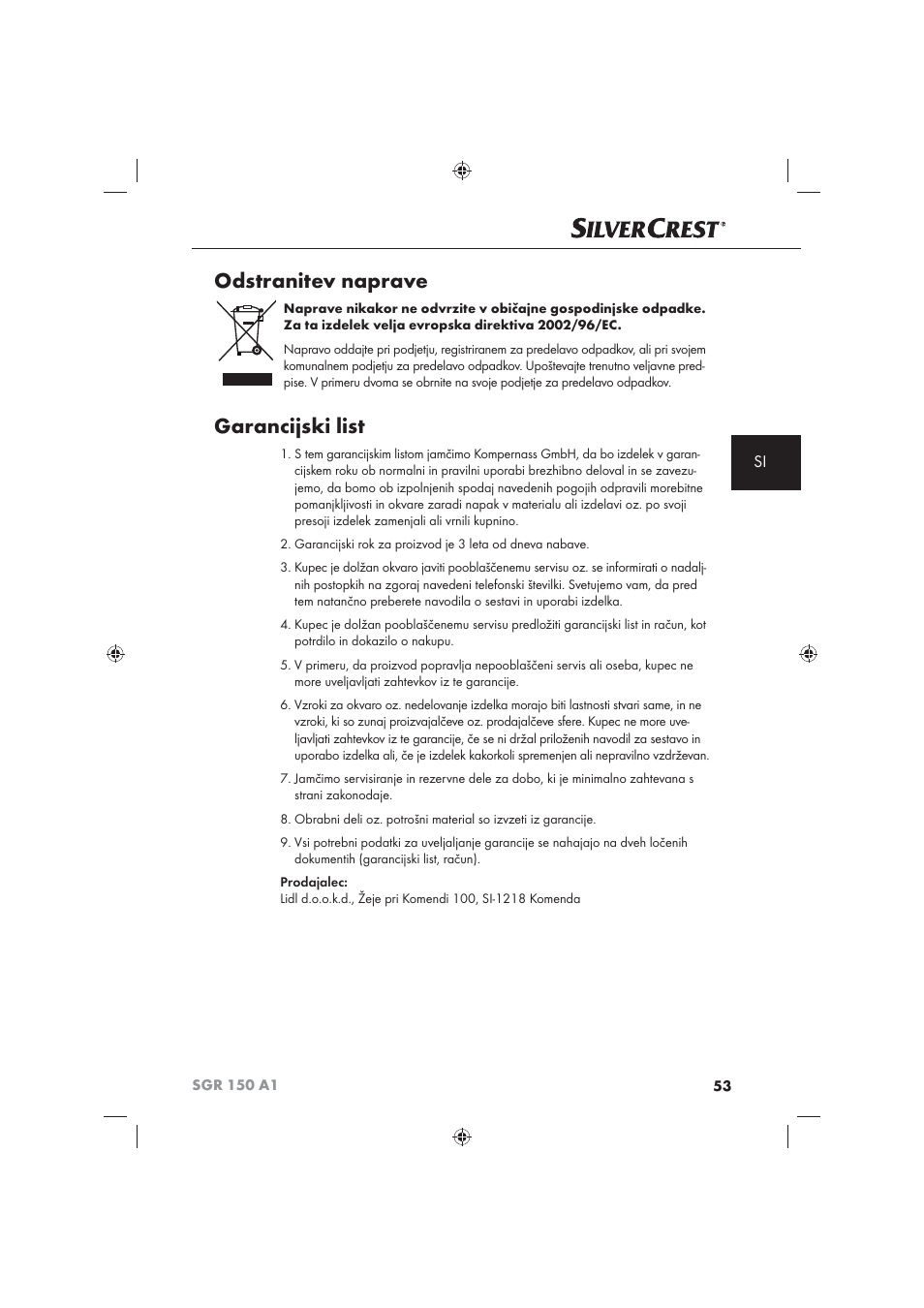 Odstranitev naprave, Garancijski list | Silvercrest SGR 150 A1 User Manual | Page 55 / 101