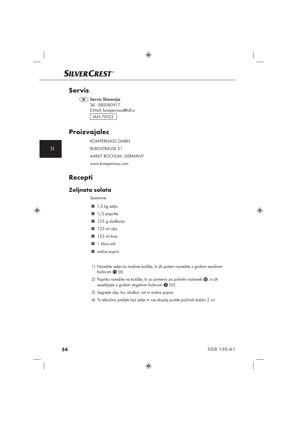 Servis, Proizvajalec, Recepti | Zeljnata solata | Silvercrest SGR 150 A1 User Manual | Page 56 / 101