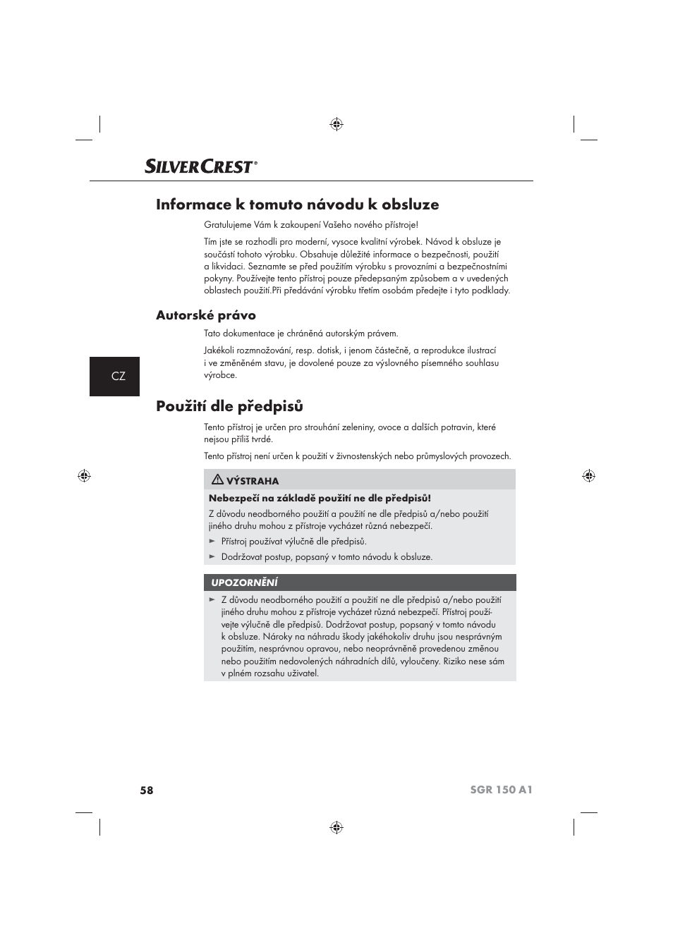 Informace k tomuto návodu k obsluze, Použití dle předpisů, Autorské právo | Silvercrest SGR 150 A1 User Manual | Page 60 / 101