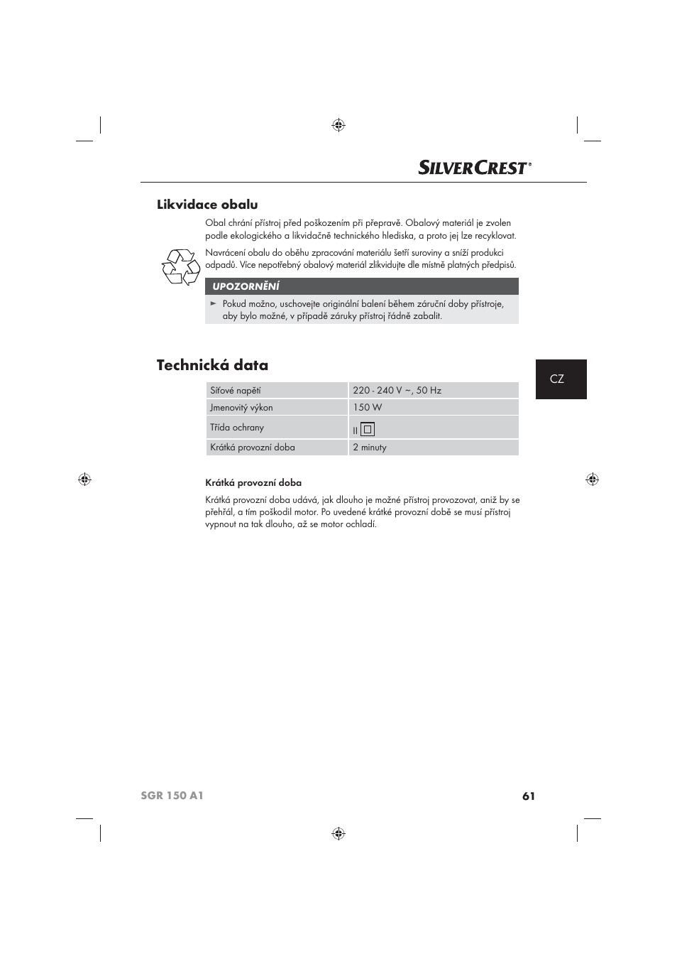 Technická data, Likvidace obalu | Silvercrest SGR 150 A1 User Manual | Page 63 / 101